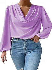 preiswerte Schicke Blusen-Damen Hemd Elegant Satin-Top Bluse Gerafft Patchwork Drapiert Einfarbig Einfach Elegant Vintage Täglich Langarm Laternenärmel Asymmetrisch Normale Oberteile Täglich Arbeit Ferien Blau Schwarz Wei