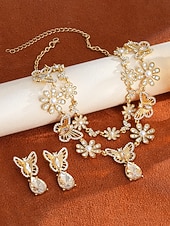 halpa Häät ACC-naisten kukkakuvioinen perhoskorusetti - kimaltava kristallikaulakoru, korvakorut &amp;sormussetti juhliin, iltatilaisuuksiin &amp;erityistilaisuudet