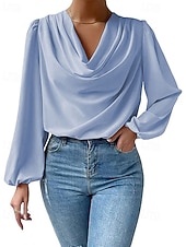 preiswerte Schicke Blusen-Damen Hemd Elegant Satin-Top Bluse Gerafft Patchwork Drapiert Einfarbig Einfach Elegant Vintage Täglich Langarm Laternenärmel Asymmetrisch Normale Oberteile Täglich Arbeit Ferien Blau Schwarz Wei