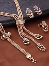preiswerte Halskette für Damen-Goldfarbenes Kristallschmuckset für Damen – elegante, mehrreihige Halskette, Ohrringe, Armband und Ring für Hochzeiten, Abendveranstaltungen und formelle Anlässe