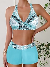 cheap Tankinis-Women's Swimwear 2 Piece Shorts Swimsuit Backless Vacation Beach Wear Geometic V Neck Sleeveless Bathing Suits