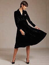 abordables Robe Simple-Femmes Robe Midi Robe trapèze Élégant Soirée Coupe régulière Couleur Unie manche longue Col en V Noir Printemps Automne Hiver