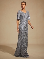 economico Abiti con paillettes-Per donna Abito maxi Tubino Abito a sirena Elegante Spalle scoperte Festa serale Paillettes Pizzo Ricamato Vestibilità regolare Floreale Mezza Manica Scollo a V Grigio