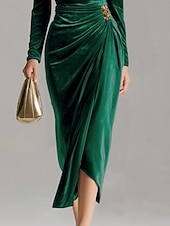 preiswerte Einfaches Kleid-Weihnachten Damen Midikleid Etui-Kleid Elegant Party Cocktail Outdoor Party Hochzeitsgast Patchwork Schlank Einfarbig Langarm Wasserfallausschnitt Fuchsie Braun Grün