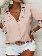 baratos Blusas Simples-Mulheres Blusa Tops elegantes Franzido Bolsos Botões Côr Sólida Tecido Elegante Vintage senhoras Manga Longa Colarinho de Camisa Tops regulares Diário Trabalho Feriado Verde Preto Rosa Verde Tropa