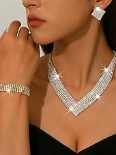 baratos Colar Feminino-Conjunto de joias femininas douradas com strass - colar e pulseira deslumbrantes e brilhantes &amp;Brincos, acessórios glamorosos para festas de casamento e eventos noturnos. &amp;eventos especiais