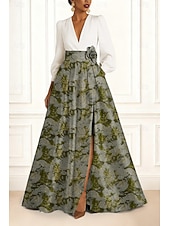  Abito da sera A-Line in broccato jacquard floreale elegante abito formale da matrimonio lunghezza fino al pavimento maniche lunghe collo a V tasca in raso con spacco arricciato