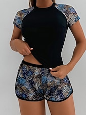 economico Tankini-Costume da bagno tankini da donna 2 pezzi pantaloni corti palmo controllo pancia vita alta slinguato senza schiena vacanza in spiaggia scollatura rotonda floreale con maniche corte