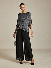  Damen Bluse Elegante Oberteile Chiffon Tops Plissiert Glitzer Einfarbig Elegant Dreiviertelarm Rundhalsausschnitt Hochzeitsgast Ferien Silber Sommer Frühling Herbst