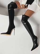Χαμηλού Κόστους Μπότες μόδας-Γυναικείες μαύρες μπότες στιλέτο πάνω από το γόνατο - κομψές μπότες πάρτι με ψηλές τιράντες από τεχνητό δέρμα και μυτερή μύτη για βραδινή έξοδο
