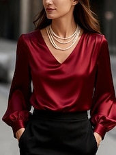 お買い得  ドレッシーブラウス-女性用 シャツ Elegant ドレッシー サテントップ 平織り 日常 レトリ／ヴィンテージ Ｖネック レギュラートップス ブラック ホワイト ルビーレッド アプリコット 秋