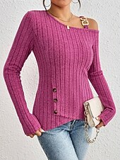 cheap Plain Tops-Women&#039;s Blouse Solid Color Stylish Casual Long Sleeve Asymmetrical Regular Tops Daily Patchwork Buttons Fuchsia Spring Fall Winter