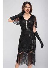 preiswerte 1920er Kleider-Goldene Zwanziger 1920er Knielang Flapper Kleid Kurze Ärmel Der große Gatsby Pailletten Fransen V Ausschnitt Kostüm Damen Weihnachten Karneval Flüsterkneipe Maskerade Retro-Mottoparty Erwachsene