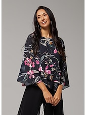 abordables camisas, tops y blusas-Blusa de mujer negra floral, manga 3/4, suelta, cuello redondo, informal, elegante, para vacaciones, primavera, verano y otoño.