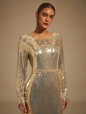 cheap Sequin Dresses-Women's Maxi Dress Floor Length Dress Trumpet Mermaid Dress Elegant Party Evening Party Cocktail Party Sequins Beaded Regular Fit Solid Color Long Sleeve Crew Neck Gold Spring Fall Winter