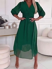baratos vestido midi preto-Mulheres Vestido midi Vestido preto Vestido casual Elegante Moda Moderno Diário Para Noite Final de semana Normal Tecido Manga 3/4 Decote V Azul Preto Verde Primavera Outono