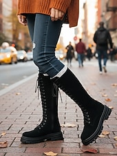 economico Stivali da combattimento-stivali alti fino al ginocchio con lacci marrone scuro da donna – stivali stile combattimento con suola spessa per outfit alla moda, passeggiate all'aperto, viaggi e uso quotidiano