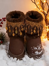 cheap Snow &amp; Winter Boots-Women's Beige Faux Fur Snow Boots with Rhinestone Tassel Fringe – Warm Platform Ankle Booties for Winter Parties, Christmas &amp; Holiday Fashion