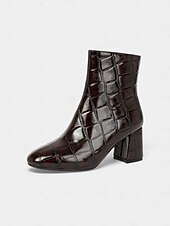 levne Kotníkové boty-Dámské kotníkové boty z vínové kůže s krokodýlím potiskem, blokovým podpatkem a zapínáním na zip – elegantní hranatá špička pro každodenní nošení i do kanceláře