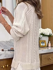 preiswerte Pulloverkleider-Damen Pullover Pullover Kleid Elegant Lässig Weich Einfarbig Gerippt Rundhalsausschnitt Patchwork Gestrickt Langarm Lange Oberteile Stricken Outdoor Täglich Wochenende Schwarz Rosa Herbst Winter