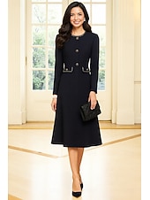 cheap Tea Length-A-Line Tea Length Party Dress Cocktail Dress Wedding Guest Dress Mother of the Bride Dress Long Sleeve Crew Neck Elegant Formal Cotton Blend with Buttons