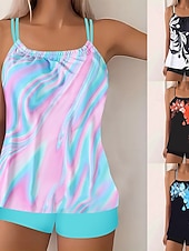 economico Tankini-Costume da bagno tankini da donna a 2 pezzi con pantaloni corti controllo della pancia alto in vita schiena scoperta per vacanze al mare colletto a halter e senza maniche