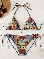 ieftine Seturi de bikini-Costum de baie pentru femei bikini 2 piese boho legat pe lateral subțire fără spate vacanță îmbrăcăminte de plajă bloc de culoare floral decolteu halter fără mâneci costume de baie
