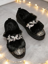 preiswerte Damen-Sneaker-Damen-Loafer mit Strass-Schmetterling und Kunstpelz – funkelnde Slipper für Partys und Club-Outfits &amp;Winter-Glamour-Stil