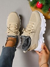 tanie Trampki damskie-Damskie czerwone trampki z podszewką z polaru - ciepłe, dzianinowe buty codzienne z antypoślizgową podeszwą, wygodne obuwie świąteczne na zimowe spacery i podróże