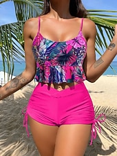 levne Tankiny-Dámský tankini 2-dílný plavecký úbor s řasením palm šortky kontrola břicha vysoký pas štíhlé bez zad dovolená plážové oblečení květinový kulatý výstřih bez rukávů