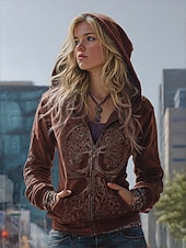 tanie Wikingowie Szczyty-Damskie Bluzy rozpinane Zamek Kieszeń Nadruk Graficzny Kratka Moda Zachodni Retro Długi rękaw Kaptur Zwykłe topy Ulica Na co dzień Żółty Czerwony Fioletowy Zielony Wiosna Jesień Zima