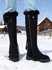 abordables Snow &amp; Winter Boots-Women's Green Fringe Faux Suede Snow Boots with Fur Lining – Stylish Knee-High Winter Boots Footwear for Cold Weather, Snow and Outdoor Adventures