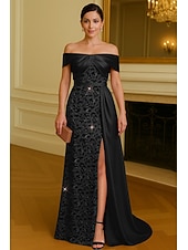 abordables Ball Gown Evening Dresses-A-Line Floor Length Beaded Eembroidered Formal Dresses Mother of the Bride Dress Evening Gown Ball Gown with Overskirt Elegant High Split Sleeveless Off Shoulder Wedding Formal Satin Lace with Ruched