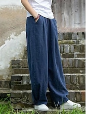 voordelige Damesbroeken en rokken-Dames Imitatie katoenlinnen Broek Zomerbroek Wijde broek Vakantie Vintage Etnische stijl Volledige lengte Hoge taille Inelastisch Strand Straat Causaal Bean Green Ruwe hennep kleur Zwart Marineblauw