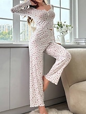  Women's Pajama Set Casual Comfort Floral Elastic Waist Pant Home Daily Long Sleeve U Neck White Yellow Pink Purple Spring Fall Regular Fit