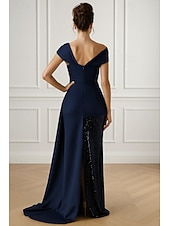preiswerte Ballkleider-Schlauchkleid Bodenlange Schleppe Abendkleid Ballkleid mit Überrock Festliche Kleidung Elegant Promi-Stil Ärmellos Schulterfrei Gartenparty Hochzeit Stretch Satin Paillettenbesetzt mit Falten