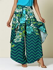 رخيصةأون السراويل النسائية-بنطلون واسع الساق من الساتان بطبعة زهور هندسية، مناسب للعطلات غير الرسمية