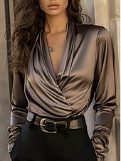 abordables Blouses Unies-Femmes Chemise en satin Chemise habillée Chemisier Froncé Couleur Unie Élégant Basique Occasionnel manche longue Col en V Hauts Réguliers Quotidien Extérieur Travail Noir Fuchsia Marron Vert