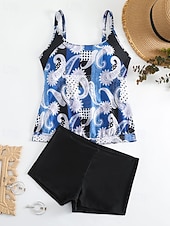 tanie Tankini-Damskie Stroje kąpielowe 2 szt Krótkie spodnie Kostium kąpielowy Odkryte plecy Urlop Stroje plażowe Kwiaty Dekolt w kształcie litery U Bez rękawów Kostiumy kąpielowe