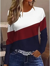 abordables Camiseta a rayas y geométrica-Mujer Camiseta Estampado Graphic Geométrico A Rayas Vintage Moda Elegante Manga Larga Cuello Barco Escote Redondo Tops regulares Diario Fin de semana Azul Piscina Negro Rosa Rojo Verano Primavera