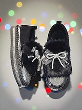 Χαμηλού Κόστους Γυναικεία Sneakers-Γυναικεία μαύρα μοκασίνια με τεχνητή γούνα και στρας - άνετα, λαμπερά, slip-on παπούτσια για πάρτι με φιόγκο για τη νυχτερινή ζωή