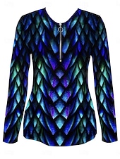 economico Maglietta Arte &amp; Design-Per donna Maglietta Cerniera Stampato Grafico Geometrico Astratto Moda Casual Manica Lunga Girocollo Scollo a V Top Regolari Quotidiano Blu Primavera Autunno Inverno