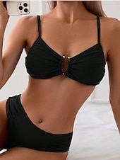 economico Bikini-Costume da bagno due pezzi bikini da donna con arricciature perizoma con ferretto slanciato controllo della pancia vita alta senza schienale abbigliamento da spiaggia per le vacanze colore solido