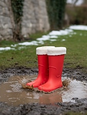 abordables Bottes de neige et d'hiver-Bottes de pluie rouges imperméables pour femmes avec revers amovible en fausse fourrure – des chaussures résistantes et élégantes pour les intempéries, les aventures en plein air et les activités de jardinage.