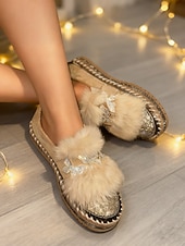preiswerte Damen-Sneaker-Damen-Loafer mit Strass-Schmetterling und Kunstpelz – funkelnde Slipper für Partys und Club-Outfits &amp;Winter-Glamour-Stil