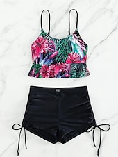 levne Tankiny-Dámský tankini 2-dílný plavecký úbor s řasením palm šortky kontrola břicha vysoký pas štíhlé bez zad dovolená plážové oblečení květinový kulatý výstřih bez rukávů