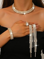 Недорогие Женское ожерелье-Женский комплект украшений из золота со стразами: сверкающее колье, серьги, браслет &amp;набор колец для коктейльных вечеринок, свадеб и официальных мероприятий