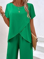 Недорогие Женские блузки-костюмы-Жен. Футболка Комплекты брюк Болеро Топ С короткими рукавами Вырез под горло Круглый вырез Сплошной цвет Мода Уличный стиль Повседневные на открытом воздухе Отпуск Красный Темно синий Зеленый Лето
