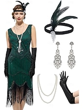 preiswerte 1920er Kleider-Set Goldene Zwanziger 1920er Knielang Kleid Flapper Kleid Outfits mit Zubehör Ärmellos Der große Gatsby Charleston Pailletten Quastenfransen Feder V Ausschnitt Kostüm Damen Karneval Neujahr Maskerade