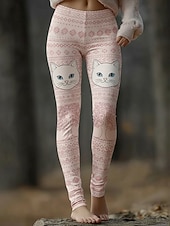  Damen Leggings Gemütliche Leggings Urlaub Vintage Ethno-Stil Volle Länge Hohe Taille Grafik Katze Drucken Bequem Dehnbar Lässig Täglich Urlaub Rosa Dunkelpink Frühling Herbst Schmale Passform